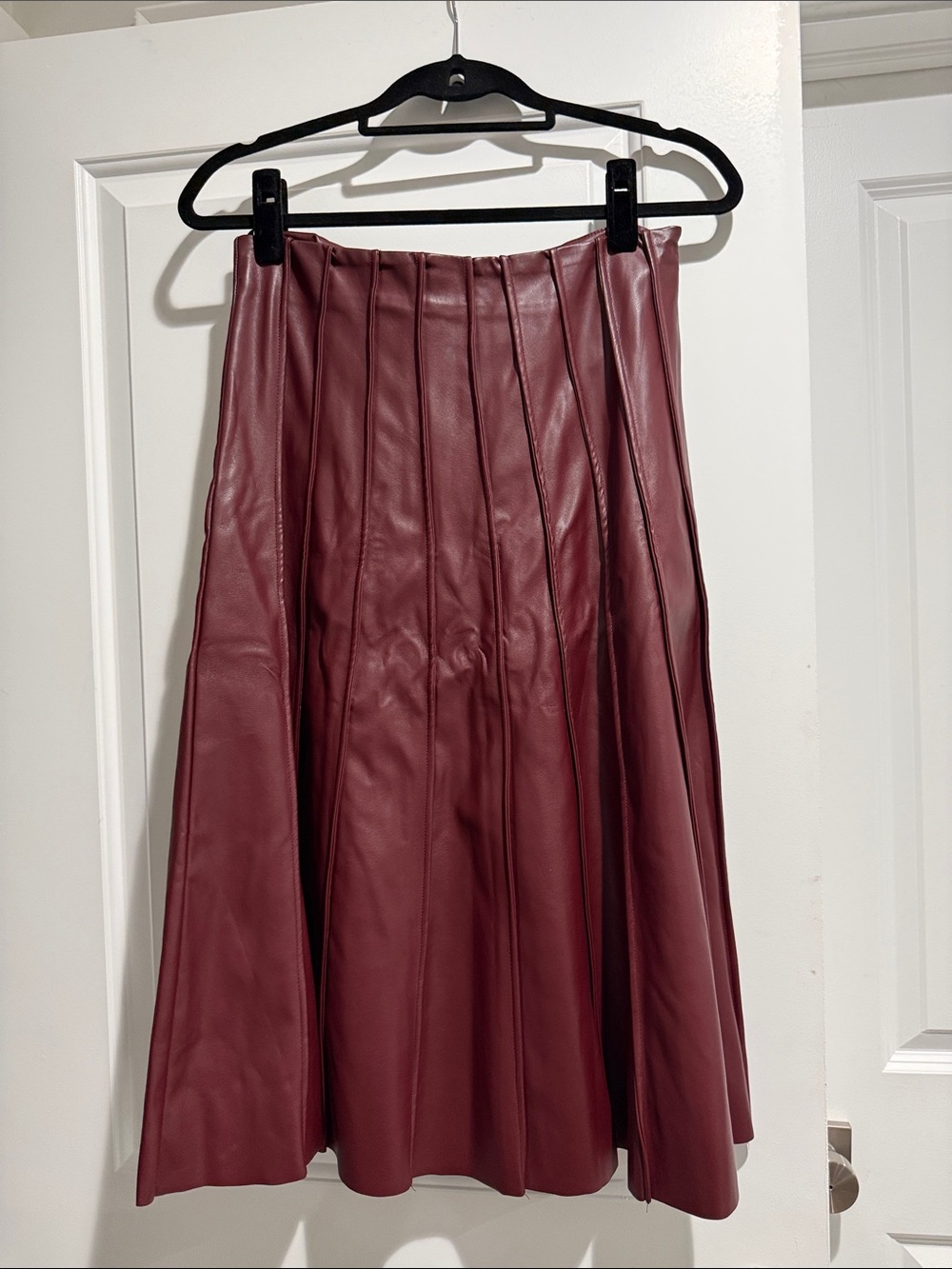 Commense Faux Leather Pleated A-Line Skirt - Burgundy